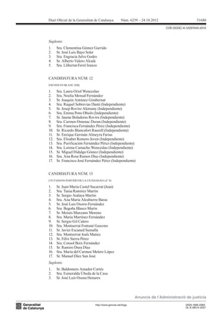 Diari Oicial de la Generalitat de Catalunya         Núm. 6239 – 24.10.2012                      51680

                                                                             CVE-DOGC-A-12297045-2012



Suplents:
1.    Sra. Clementina Gómez Garrido
2.    Sr. José Luis Bayo Soler
3.    Sra. Engracia Julve Godes
4.    Sr. Alberto Valero Alcalá
5.    Sra. Llibertat Ferré Iranzo


CANDIDATURA NÚM. 12
ESCONS EN BLANC (EB)

1.    Sra. Laura Oriol Wenceslao
2.    Sra. Noelia Mensal Fernández
3.    Sr. Joaquín Antúnez Gimbernat
4.    Sra. Raquel Sobrevias Danti (Independiente)
5.    Sr. Josep Roviro Alemany (Independiente)
6.    Sra. Emma Pons Obiols (Independiente)
7.    Sr. Jaume Boladeras Rovira (Independiente)
8.    Sra. Carmen Omenac Duran (Independiente)
9.    Sra. Francisca Fernández Pérez (Independiente)
10.   Sr. Ricardo Blancafort Raurell (Independiente)
11.   Sr. Enrique Germán Almeyra Farias
12.   Sra. Elisabet Romero Joven (Independiente)
13.   Sra. Purificación Fernández Pérez (Independiente)
14.   Sra. Lorena Camacho Wenceslao (Independiente)
15.   Sr. Miguel Hidalgo Gómez (Independiente)
16.   Sra. Ana Rosa Ramos Díaz (Independiente)
17.   Sr. Francisco José Fernández Pérez (Independiente)


CANDIDATURA NÚM. 13
CIUTADANS-PARTIDO DE LA CIUDADANIA (C’S)

1.    Sr. Juan Maria Castel Sucarrat (Jean)
2.    Sra. Tania Ramírez Martín
3.    Sr. Sergio Atalaya Martín
4.    Sra. Ana María Alcubierre Baras
5.    Sr. José Luis Osorio Fernández
6.    Sra. Begoña Blasco Marín
7.    Sr. Moisés Manzano Moreno
8.    Sra. María Martínez Fernández
9.    Sr. Sergio Gil Calero
10.   Sra. Montserrat Fontané Gascons
11.   Sr. Javier Escaned Sumalla
12.   Sra. Montserrat Joals Maties
13.   Sr. Félix Sierra Pérez
14.   Sra. Consol Boix Fernández
15.   Sr. Ramiro Dura Díaz
16.   Sra. María del Carmen Melero López
17.   Sr. Manuel Díez San José
Suplents:
1.    Sr. Baldomero Amador Cortés
2.    Sra. Esmeralda Úbeda de la Casa
3.    Sr. José Luis Osuna Henares



                                                            Anuncis de l’Administració de justícia
                               http://www.gencat.cat/dogc                               ISSN 1988-298X
                                                                                        DL B 38014-2007
 