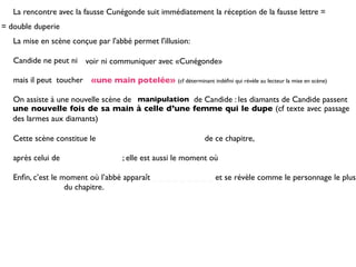 La rencontre avec la fausse Cunégonde suit immédiatement la réception de la fausse lettre =
= double duperie
   La mise en scène conçue par l'abbé permet l'illusion:

   Candide ne peut ni voir ni communiquer avec «Cunégonde»

   mais il peut toucher «une main potelée» (cf déterminant indéﬁni qui révèle au lecteur la mise en scène)

   On assiste à une nouvelle scène de manipulation de Candide : les diamants de Candide passent
   une nouvelle fois de sa main à celle d’une femme qui le dupe (cf texte avec passage
   des larmes aux diamants)

   Cette scène constitue le                                      de ce chapitre,

   après celui de                     ; elle est aussi le moment où

   Enﬁn, c’est le moment où l’abbé apparaît _ _ _ _ _ _ _ _ _ et se révèle comme le personnage le plus
   _ _ _ _ _ _ _ du chapitre.
 
