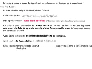 La rencontre avec la fausse Cunégonde suit immédiatement la réception de la fausse lettre =
= double duperie
   La mise en scène conçue par l'abbé permet l'illusion:

   Candide ne peut ni voir ni communiquer avec «Cunégonde»

   mais il peut toucher «une main potelée» (cf déterminant indéﬁni qui révèle au lecteur la mise en scène)

   On assiste à une nouvelle scène de manipulation de Candide : les diamants de Candide passent
   une nouvelle fois de sa main à celle d’une femme qui le dupe (cf texte avec passage
   des larmes aux diamants)

   Cette scène constitue le second rebondissement de ce chapitre,

   après celui de la fausse lettreelle est aussi le moment où
                                 ;

   Enﬁn, c’est le moment où l’abbé apparaît _ _ _ _ _ _ _ _ _ et se révèle comme le personnage le plus
   _ _ _ _ _ _ _ du chapitre.
 