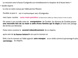 La rencontre avec la fausse Cunégonde suit immédiatement la réception de la fausse lettre =
= double duperie
   La mise en scène conçue par l'abbé permet l'illusion:

   Candide ne peut ni voir ni communiquer avec «Cunégonde»

   mais il peut toucher «une main potelée» (cf déterminant indéﬁni qui révèle au lecteur la mise en scène)

   On assiste à une nouvelle scène de manipulation de Candide : les diamants de Candide passent
   une nouvelle fois de sa main à celle d’une femme qui le dupe (cf texte avec passage
   des larmes aux diamants)

   Cette scène constitue le second rebondissement de ce chapitre,

   après celui de la fausse lettreelle est aussi le moment où
                                 ;

                                            sans masque
   Enﬁn, c’est le moment où l’abbé apparaît _ _ _ _ _ _ _ _ _ et se révèle comme le personnage le plus
   _ _ _ _ _ _ _ du chapitre.
   corrompu
 