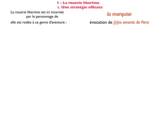 I - La rouerie libertine
                                 1. Une stratégie efﬁcace
La rouerie libertine est ici incarnée
          par le personnage de                              la marquise
elle est rodée à ce genre d'aventure :           évocation de [s]es amants de Paris
                                                      totalement passif (cf COD)
Cela n'éveille pourtant aucun soupçon
                                                   et désarmé dès la 2ème réplique :
chez Candide :
                                                    «Hélas!»... «De tout mon coeur»
Voltaire fait apparaître les étapes successives du stratagème de la marquise :

☑ isolement de la proie                                 dans son cabinet
☺ mise en conﬁance                                on parle de Cunégonde
                                                  idée que Candide pourrait ne plus aimer
☛ provocation                                     Cunégonde : «Vous aimez donc toujours
                                                           éperdument ...?»
    séduction                                               tendre souris
    mise à l’épreuve                                      «je veux...» (2X)
                                                passage du mouchoir à la jarretière,
sous forme de jeu galant                        objet à forte connotation sexuelle
✌ récompense                                           (ellipse narrative)
 