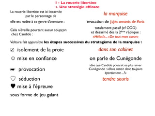 I - La rouerie libertine
                                 1. Une stratégie efﬁcace
La rouerie libertine est ici incarnée
          par le personnage de                              la marquise
elle est rodée à ce genre d'aventure :           évocation de [s]es amants de Paris
                                                      totalement passif (cf COD)
Cela n'éveille pourtant aucun soupçon
                                                   et désarmé dès la 2ème réplique :
chez Candide :
                                                    «Hélas!»... «De tout mon coeur»
Voltaire fait apparaître les étapes successives du stratagème de la marquise :

☑ isolement de la proie                                 dans son cabinet
☺ mise en conﬁance                                on parle de Cunégonde
                                                  idée que Candide pourrait ne plus aimer
☛ provocation                                     Cunégonde : «Vous aimez donc toujours
                                                           éperdument ...?»
    séduction                                               tendre souris
    mise à l’épreuve                                      «je veux...» (2X)
                                                passage du mouchoir à la jarretière,
sous forme de jeu galant                        objet à forte connotation sexuelle
✌ récompense                                           (ellipse narrative)
 