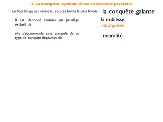 2. La marquise, symbole d'une aristocratie pervertie
Le libertinage est révélé ici sous sa forme la plus frivole :   la conquête galante
 Il est dénoncé comme un privilège                              la noblesse
 exclusif de                                                    «marquise»
 elle s'accommode sans scrupule de ce
 type de conduite dépourvu de                                   moralité

 et s'oppose en cela à la                         sincérité des sentiments
                                                    incarnée par Candide
 