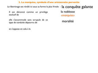 2. La marquise, symbole d'une aristocratie pervertie
Le libertinage est révélé ici sous sa forme la plus frivole :   la conquête galante
 Il est dénoncé comme un privilège                              la noblesse
 exclusif de                                                    «marquise»
 elle s'accommode sans scrupule de ce
 type de conduite dépourvu de                                   moralité

 et s'oppose en cela à la                         sincérité des sentiments
                                                    incarnée par Candide
 
