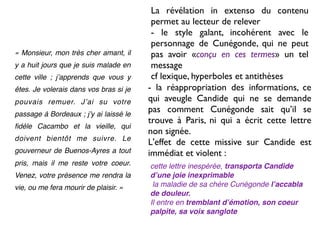 La révélation in extenso du contenu
                                         permet au lecteur de relever
                                         - le style galant, incohérent avec le
                                         personnage de Cunégonde, qui ne peut
« Monsieur, mon très cher amant, il      pas avoir «conçu en ces termes» un tel
y a huit jours que je suis malade en     message
cette ville ; jʼapprends que vous y      cf lexique, hyperboles et antithèses
êtes. Je volerais dans vos bras si je   - la réappropriation des informations, ce
pouvais remuer. Jʼai su votre           qui aveugle Candide qui ne se demande
passage à Bordeaux ; jʼy ai laissé le
                                        pas comment Cunégonde sait qu’il se
                                        trouve à Paris, ni qui a écrit cette lettre
ﬁdèle Cacambo et la vieille, qui
                                        non signée.
doivent bientôt me suivre. Le
                                        L'effet de cette missive sur Candide est
gouverneur de Buenos-Ayres a tout       immédiat et violent :
pris, mais il me reste votre coeur.     cette lettre inespérée, transporta Candide
Venez, votre présence me rendra la      dʼune joie inexprimable
vie, ou me fera mourir de plaisir. »     la maladie de sa chère Cunégonde lʼaccabla
                                        de douleur.
                                        Il entre en tremblant dʼémotion, son coeur
                                        palpite, sa voix sanglote
 