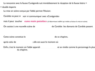 La rencontre avec la fausse Cunégonde suit immédiatement la réception de la fausse lettre =
= double duperie
   La mise en scène conçue par l'abbé permet l'illusion:

   Candide ne peut ni voir ni communiquer avec «Cunégonde»

   mais il peut toucher «une main potelée» (cf déterminant indéﬁni qui révèle au lecteur la mise en scène)

   On assiste à une nouvelle scène de                         de Candide : les diamants de Candide passent



   Cette scène constitue le                                      de ce chapitre,

   après celui de                     ; elle est aussi le moment où

   Enﬁn, c’est le moment où l’abbé apparaît _ _ _ _ _ _ _ _ _ et se révèle comme le personnage le plus
   _ _ _ _ _ _ _ du chapitre.
 