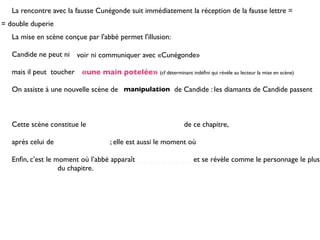 La rencontre avec la fausse Cunégonde suit immédiatement la réception de la fausse lettre =
= double duperie
   La mise en scène conçue par l'abbé permet l'illusion:

   Candide ne peut ni voir ni communiquer avec «Cunégonde»

   mais il peut toucher «une main potelée» (cf déterminant indéﬁni qui révèle au lecteur la mise en scène)

   On assiste à une nouvelle scène de manipulation de Candide : les diamants de Candide passent



   Cette scène constitue le                                      de ce chapitre,

   après celui de                     ; elle est aussi le moment où

   Enﬁn, c’est le moment où l’abbé apparaît _ _ _ _ _ _ _ _ _ et se révèle comme le personnage le plus
   _ _ _ _ _ _ _ du chapitre.
 