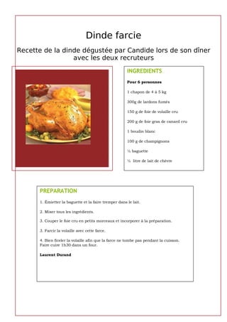 Dinde farcie
Recette de la dinde dégustée par Candide lors de son dîner
                 avec les deux recruteurs
                                                       INGREDIENTS
                                                       Pour 6 personnes

                                                       1 chapon de 4 à 5 kg

                                                       300g de lardons fumés

                                                       150 g de foie de volaille cru

                                                       200 g de foie gras de canard cru

                                                       1 boudin blanc

                                                       100 g de champignons

                                                       ½ baguette

                                                       ½ litre de lait de chèvre




      PREPARATION
      1. Émietter la baguette et la faire tremper dans le lait.

      2. Mixer tous les ingrédients.

      3. Couper le foie cru en petits morceaux et incorporer à la préparation.

      3. Farcir la volaille avec cette farce.

      4. Bien ficeler la volaille afin que la farce ne tombe pas pendant la cuisson.
      Faire cuire 1h30 dans un four.

      Laurent Durand
 