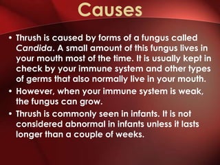 Causes
• Thrush is caused by forms of a fungus called
  Candida. A small amount of this fungus lives in
  your mouth most of the time. It is usually kept in
  check by your immune system and other types
  of germs that also normally live in your mouth.
• However, when your immune system is weak,
  the fungus can grow.
• Thrush is commonly seen in infants. It is not
  considered abnormal in infants unless it lasts
  longer than a couple of weeks.
 