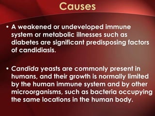 Causes
• A weakened or undeveloped immune
  system or metabolic illnesses such as
  diabetes are significant predisposing factors
  of candidiasis.

• Candida yeasts are commonly present in
  humans, and their growth is normally limited
  by the human immune system and by other
  microorganisms, such as bacteria occupying
  the same locations in the human body.
 