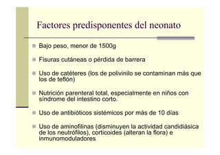 Factores predisponentes del neonato
Bajo peso, menor de 1500g
Fisuras cutáneas o pérdida de barrera
Uso de catéteres (los de polivinilo se contaminan más que
los de teflón)
Nutrición parenteral total, especialmente en niños con
síndrome del intestino corto.
Uso de antibióticos sistémicos por más de 10 días
Uso de aminofilinas (disminuyen la actividad candidiásica
de los neutrófilos), corticoides (alteran la flora) e
inmunomoduladores
 