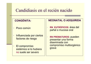 Candidiasis en el recién nacido
CONGÉNITA:
• Poco común
• Influenciada por ciertos
factores de riesgo
• El compromiso
sistémico si lo hubiera
no suele ser severo
NEONATAL O ADQUIRIDA
• RN EUTRÓFICOS: área del
pañal o mucosa oral
• RN PREMATUROS: pueden
presentar una forma
diseminada con
compromiso multiorgánico
grave
 