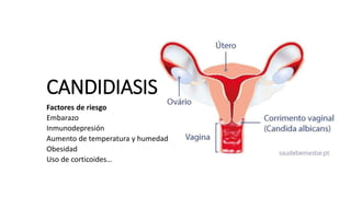 CANDIDIASIS
Factores de riesgo
Embarazo
Inmunodepresión
Aumento de temperatura y humedad
Obesidad
Uso de corticoides…
 
