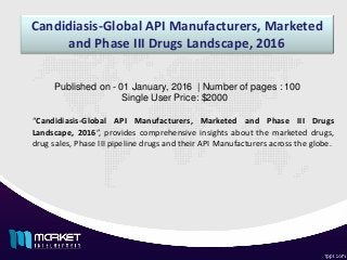 Candidiasis-Global API Manufacturers, Marketed
and Phase III Drugs Landscape, 2016
“Candidiasis-Global API Manufacturers, Marketed and Phase III Drugs
Landscape, 2016”, provides comprehensive insights about the marketed drugs,
drug sales, Phase III pipeline drugs and their API Manufacturers across the globe.
Published on - 01 January, 2016 | Number of pages : 100
Single User Price: $2000
 