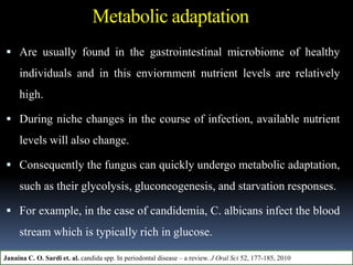 Metabolic adaptation
 Are usually found in the gastrointestinal microbiome of healthy
individuals and in this enviornment nutrient levels are relatively
high.
 During niche changes in the course of infection, available nutrient
levels will also change.
 Consequently the fungus can quickly undergo metabolic adaptation,
such as their glycolysis, gluconeogenesis, and starvation responses.
 For example, in the case of candidemia, C. albicans infect the blood
stream which is typically rich in glucose.
Janaina C. O. Sardi et. al. candida spp. In periodontal disease – a review. J Oral Sci 52, 177-185, 2010
 