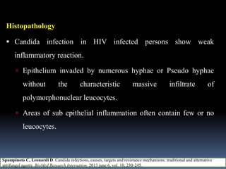 Histopathology
 Candida infection in HIV infected persons show weak
inflammatory reaction.
 Epithelium invaded by numerous hyphae or Pseudo hyphae
without the characteristic massive infiltrate of
polymorphonuclear leucocytes.
 Areas of sub epithelial inflammation often contain few or no
leucocytes.
Spampinoto C, Leonardi D. Candida infections, causes, targets and resistance mechanisms: traditional and alternative
antifungal agents. BioMed Research Internation, 2013 june 6, vol. 10, 230-245.
 