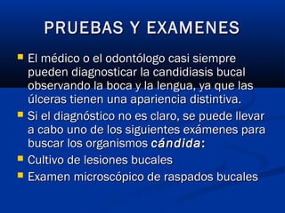 PRUEBAS Y EXAMENESPRUEBAS Y EXAMENES
 El médico o el odontólogo casi siempreEl médico o el odontólogo casi siempre
pueden diagnosticar la candidiasis bucalpueden diagnosticar la candidiasis bucal
observando la boca y la lengua, ya que lasobservando la boca y la lengua, ya que las
úlceras tienen una apariencia distintiva.úlceras tienen una apariencia distintiva.
 Si el diagnóstico no es claro, se puede llevarSi el diagnóstico no es claro, se puede llevar
a cabo uno de los siguientes exámenes paraa cabo uno de los siguientes exámenes para
buscar los organismos buscar los organismos cándidacándida::
 Cultivo de lesiones bucalesCultivo de lesiones bucales
 Examen microscópico de raspados bucalesExamen microscópico de raspados bucales
 