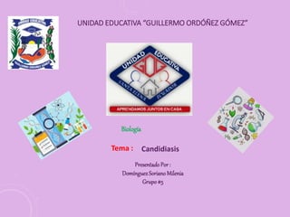 UNIDAD EDUCATIVA “GUILLERMO ORDÓÑEZ GÓMEZ”
Biología
PresentadoPor :
DomínguezSoriano Milenia
Grupo#5
Tema : Candidiasis
 