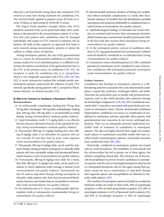 observed a survival beneﬁt among those who underwent CVC
removal at some time during treatment for candidemia [19].
The survival beneﬁt applied to patients across all levels of se-
verity of illness as determined by APACHE II scores.
The Expert Panel members strongly believe that CVCs
should be removed if this can be performed safely when candi-
demia is documented in the nonneutropenic patient. It is intu-
itive that each patient with candidemia must be managed
individually with respect to CVC removal or retention, but on
balance, the bulk of data supports an approach that leads to
early removal among nonneutropenic patients in whom the
catheter is a likely source of infection.
Among neutropenic patients, the role of the gastrointestinal
tract as a source for disseminated candidiasis is evident from
autopsy studies, but in an individual patient, it is difﬁcult to de-
termine the relative contributions of the gastrointestinal tract vs
the CVC as the primary source of candidemia [195, 201]. An
exception is made for candidemia due to C. parapsilosis,
which is very frequently associated with CVCs [188, 189, 200,
202]. A recent retrospective analysis that included mostly non-
neutropenic patients underscored the inﬂuence of early CVC
removal, speciﬁcally among patients with C. parapsilosis blood-
stream infection, on clinical outcome [176].
III. What Is the Treatment for Candidemia in Neutropenic Patients?
Recommendations
14. An echinocandin (caspofungin: loading dose 70 mg, then
50 mg daily; micafungin: 100 mg daily; anidulafungin: loading
dose 200 mg, then 100 mg daily) is recommended as initial
therapy (strong recommendation; moderate-quality evidence).
15. Lipid formulation AmB, 3–5 mg/kg daily, is an effective
but less attractive alternative because of the potential for tox-
icity (strong recommendation; moderate-quality evidence).
16. Fluconazole, 800-mg (12 mg/kg) loading dose, then 400
mg (6 mg/kg) daily, is an alternative for patients who are
not critically ill and have had no prior azole exposure
(weak recommendation; low-quality evidence).
17. Fluconazole, 400 mg (6 mg/kg) daily, can be used for step-
down therapy during persistent neutropenia in clinically stable
patients who have susceptible isolates and documented blood-
stream clearance (weak recommendation; low-quality evidence).
18. Voriconazole, 400 mg (6 mg/kg) twice daily for 2 doses,
then 200–300 mg (3–4 mg/kg) twice daily, can be used in sit-
uations in which additional mold coverage is desired (weak
recommendation; low-quality evidence). Voriconazole can
also be used as step-down therapy during neutropenia in
clinically stable patients who have had documented blood-
stream clearance and isolates that are susceptible to voricona-
zole (weak recommendation; low-quality evidence).
19. For infections due to C. krusei, an echinocandin, lipid for-
mulation AmB, or voriconazole is recommended (strong rec-
ommendation; low-quality evidence).
20. Recommended minimum duration of therapy for candide-
mia without metastatic complications is 2 weeks after docu-
mented clearance of Candida from the bloodstream, provided
neutropenia and symptoms attributable to candidemia have re-
solved (strong recommendation; low-quality evidence).
21. Ophthalmological ﬁndings of choroidal and vitreal infec-
tion are minimal until recovery from neutropenia; therefore,
dilated funduscopic examinations should be performed with-
in the ﬁrst week after recovery from neutropenia (strong rec-
ommendation; low-quality evidence).
22. In the neutropenic patient, sources of candidiasis other
than a CVC (eg, gastrointestinal tract) predominate. Catheter
removal should be considered on an individual basis (strong
recommendation; low-quality evidence).
23. Granulocyte colony-stimulating factor (G-CSF)–mobilized
granulocyte transfusions can be considered in cases of persis-
tent candidemia with anticipated protracted neutropenia
(weak recommendation; low-quality evidence).
Evidence Summary
Candidemia that develops in neutropenic patients is a life-
threatening infection associated with acute disseminated candi-
diasis, a sepsis-like syndrome, multiorgan failure, and death.
Outcomes are particularly poor in people with protracted neu-
tropenia, such as that which develops after induction therapy
for hematologic malignancies [190, 203,204].Candidemia asso-
ciated with C. tropicalis is associated with particularly poor out-
comes in neutropenic hosts. Chronic disseminated candidiasis
(hepatosplenic candidiasis) can ensue as a complication of can-
didemia in neutropenic patients, especially when patients with
gastrointestinal tract mucositis do not receive antifungal pro-
phylaxis. There are no adequately powered randomized con-
trolled trials of treatment of candidemia in neutropenic
patients. The data are largely derived from single-arm studies,
small subsets of randomized controlled studies that have en-
rolled mostly nonneutropenic patients, and pooled outcomes
from randomized trials [205, 206].
Historically, candidemia in neutropenic patients was treated
with an AmB formulation. The availability of voriconazole and
the echinocandins has led to greater use of these agents, but
without compelling clinical data. The extensive use of ﬂucona-
zole for prophylaxis to prevent invasive candidiasis in neutrope-
nic patients and the lack of meaningful prospective data has led
to a diminished therapeutic role for this agent among these pa-
tients, except for use as maintenance, or step-down therapy
after organism species and susceptibilities are obtained in clin-
ically stable patients [207].
The numbers of neutropenic patients included in candidemia
treatment studies are small. In these trials, 50% of caspofungin
recipients vs 40% of AmB deoxycholate recipients [25], 68% of
micafungin recipients vs 61% of liposomal AmB recipients [26],
and 69% of micafungin recipients vs 64% of caspofungin
20 • CID • Pappas et al
byguestonJuly23,2016http://cid.oxfordjournals.org/Downloadedfrom
 
