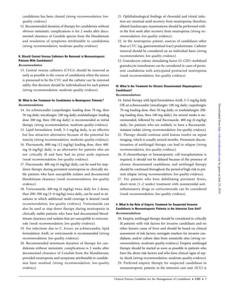 candidemia has been cleared (strong recommendation; low-
quality evidence).
12. Recommended duration of therapy for candidemia without
obvious metastatic complications is for 2 weeks after docu-
mented clearance of Candida species from the bloodstream
and resolution of symptoms attributable to candidemia
(strong recommendation; moderate-quality evidence).
II. Should Central Venous Catheters Be Removed in Nonneutropenic
Patients With Candidemia?
Recommendation
13. Central venous catheters (CVCs) should be removed as
early as possible in the course of candidemia when the source
is presumed to be the CVC and the catheter can be removed
safely; this decision should be individualized for each patient
(strong recommendation; moderate-quality evidence).
III. What Is the Treatment for Candidemia in Neutropenic Patients?
Recommendations
14. An echinocandin (caspofungin: loading dose 70 mg, then
50 mg daily; micafungin: 100 mg daily; anidulafungin: loading
dose 200 mg, then 100 mg daily) is recommended as initial
therapy (strong recommendation; moderate-quality evidence).
15. Lipid formulation AmB, 3–5 mg/kg daily, is an effective
but less attractive alternative because of the potential for
toxicity (strong recommendation; moderate-quality evidence).
16. Fluconazole, 800-mg (12 mg/kg) loading dose, then 400
mg (6 mg/kg) daily, is an alternative for patients who are
not critically ill and have had no prior azole exposure
(weak recommendation; low-quality evidence).
17. Fluconazole, 400 mg (6 mg/kg) daily, can be used for step-
down therapy during persistent neutropenia in clinically sta-
ble patients who have susceptible isolates and documented
bloodstream clearance (weak recommendation; low-quality
evidence).
18. Voriconazole, 400 mg (6 mg/kg) twice daily for 2 doses,
then 200–300 mg (3–4 mg/kg) twice daily, can be used in sit-
uations in which additional mold coverage is desired (weak
recommendation; low-quality evidence). Voriconazole can
also be used as step-down therapy during neutropenia in
clinically stable patients who have had documented blood-
stream clearance and isolates that are susceptible to voricona-
zole (weak recommendation; low-quality evidence).
19. For infections due to C. krusei, an echinocandin, lipid
formulation AmB, or voriconazole is recommended (strong
recommendation; low-quality evidence).
20. Recommended minimum duration of therapy for can-
didemia without metastatic complications is 2 weeks after
documented clearance of Candida from the bloodstream,
provided neutropenia and symptoms attributable to candide-
mia have resolved (strong recommendation; low-quality
evidence).
21. Ophthalmological ﬁndings of choroidal and vitreal infec-
tion are minimal until recovery from neutropenia; therefore,
dilated funduscopic examinations should be performed with-
in the ﬁrst week after recovery from neutropenia (strong rec-
ommendation; low-quality evidence).
22. In the neutropenic patient, sources of candidiasis other
than a CVC (eg, gastrointestinal tract) predominate. Catheter
removal should be considered on an individual basis (strong
recommendation; low-quality evidence).
23. Granulocyte colony-stimulating factor (G-CSF)–mobilized
granulocyte transfusions can be considered in cases of persis-
tent candidemia with anticipated protracted neutropenia
(weak recommendation; low-quality evidence).
IV. What Is the Treatment for Chronic Disseminated (Hepatosplenic)
Candidiasis?
Recommendations
24. Initial therapy with lipid formulation AmB, 3–5 mg/kg daily
OR an echinocandin (micafungin: 100 mg daily; caspofungin:
70-mg loading dose, then 50 mg daily; or anidulafungin: 200-
mg loading dose, then 100 mg daily), for several weeks is rec-
ommended, followed by oral ﬂuconazole, 400 mg (6 mg/kg)
daily, for patients who are unlikely to have a ﬂuconazole-
resistant isolate (strong recommendation; low-quality evidence).
25. Therapy should continue until lesions resolve on repeat
imaging, which is usually several months. Premature discon-
tinuation of antifungal therapy can lead to relapse (strong
recommendation; low-quality evidence).
26. If chemotherapy or hematopoietic cell transplantation is
required, it should not be delayed because of the presence of
chronic disseminated candidiasis, and antifungal therapy
should be continued throughout the period of high risk to pre-
vent relapse (strong recommendation; low-quality evidence).
27. For patients who have debilitating persistent fevers,
short-term (1–2 weeks) treatment with nonsteroidal anti-
inﬂammatory drugs or corticosteroids can be considered
(weak recommendation; low-quality evidence).
V. What Is the Role of Empiric Treatment for Suspected Invasive
Candidiasis in Nonneutropenic Patients in the Intensive Care Unit?
Recommendations
28. Empiric antifungal therapy should be considered in critically
ill patients with risk factors for invasive candidiasis and no
other known cause of fever and should be based on clinical
assessment of risk factors, surrogate markers for invasive can-
didiasis, and/or culture data from nonsterile sites (strong rec-
ommendation; moderate-quality evidence). Empiric antifungal
therapy should be started as soon as possible in patients who
have the above risk factors and who have clinical signs of sep-
tic shock (strong recommendation; moderate-quality evidence).
29. Preferred empiric therapy for suspected candidiasis in
nonneutropenic patients in the intensive care unit (ICU) is
Clinical Practice Guideline for the Management of Candidiasis • CID • 3
byguestonJuly23,2016http://cid.oxfordjournals.org/Downloadedfrom
 