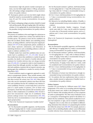 dissemination; high-risk patients include neutropenic pa-
tients, very low-birth-weight infants (<1500 g), and patients
who will undergo urologic manipulation (strong recommen-
dation; low-quality evidence).
99. Neutropenic patients and very low-birth-weight infants
should be treated as recommended for candidemia (see sec-
tions III and VII) (strong recommendation; low-quality
evidence).
100. Patients undergoing urologic procedures should be treated
with oral ﬂuconazole, 400 mg (6 mg/kg) daily, OR AmB deox-
ycholate, 0.3–0.6 mg/kg daily, for several days before and after
the procedure (strong recommendation; low-quality evidence).
Evidence Summary
The presence of candiduria is the usual trigger for a physician to
consider whether a patient has a urinary tract infection due to
Candida species. The patients at most risk for candiduria are
those who are elderly, female, diabetic, have indwelling urinary
devices, are taking antibiotics, and have had prior surgical pro-
cedures [470–475]. In the asymptomatic patient, candiduria al-
most always represents colonization, and elimination of
underlying risk factors, such as indwelling catheters, is often ad-
equate to eradicate candiduria [471].
Multiple studies have noted that candiduria does not com-
monly lead to candidemia [471, 472, 476–480]. Several of
these studies have shown that candiduria is a marker for greater
mortality, but death is not related to Candida infection and
treatment for Candida infection does not change mortality
rates [476, 480, 481]. A prospective study in renal transplant re-
cipients found that although mortality was higher in patients
who had candiduria, treatment did not improve outcomes, sug-
gesting again that candiduria is a marker for severity of under-
lying illness [482].
Several conditions require an aggressive approach to candi-
duria in asymptomatic patients. These include neonates with
very low birth weight, who are at risk for invasive candidiasis
that often involves the urinary tract [281, 483]. Many physi-
cians who care for neutropenic patients treat those who have
fever and candiduria because the candiduria may indicate in-
vasive candidiasis. However, a recent study from a cancer hos-
pital of a small number of patients, 25% of whom were
neutropenic, found that these patients did not develop candi-
demia or other complications of candiduria [484]. Several re-
ports have documented a high rate of candidemia when
patients undergo urinary tract instrumentation [485, 486],
which has led to recommendations to treat with antifungal
agents periprocedure.
What Is the Treatment for Symptomatic Candida Cystitis?
Recommendations
101. For ﬂuconazole-susceptible organisms, oral ﬂuconazole,
200 mg (3 mg/kg) daily for 2 weeks is recommended (strong
recommendation; moderate-quality evidence).
102. For ﬂuconazole-resistant C. glabrata, AmB deoxycholate,
0.3–0.6 mg/kg daily for 1–7 days OR oral ﬂucytosine, 25 mg/
kg 4 times daily for 7–10 days is recommended (strong rec-
ommendation; low-quality evidence).
103. For C. krusei, AmB deoxycholate, 0.3–0.6 mg/kg daily, for
1–7 days is recommended (strong recommendation; low-
quality evidence).
104. Removal of an indwelling bladder catheter, if feasible, is
strongly recommended (strong recommendation; low-quality
evidence).
105. AmB deoxycholate bladder irrigation, 50 mg/L
sterile water daily for 5 days, may be useful for treatment
of cystitis due to ﬂuconazole-resistant species, such as C.
glabrata and C. krusei (weak recommendation; low-quality
evidence).
What Is the Treatment for Symptomatic Ascending Candida
Pyelonephritis?
Recommendations
106. For ﬂuconazole-susceptible organisms, oral ﬂuconazole,
200–400 mg (3–6 mg/kg) daily for 2 weeks, is recommended
(strong recommendation; low-quality evidence).
107. For ﬂuconazole-resistant C. glabrata, AmB deoxycholate,
0.3–0.6 mg/kg daily for 1–7 days, with or without oral ﬂucy-
tosine, 25 mg/kg 4 times daily, is recommended (strong rec-
ommendation; low-quality evidence).
108. For ﬂuconazole-resistant C. glabrata, monotherapy with
oral ﬂucytosine, 25 mg/kg 4 times daily for 2 weeks, could
be considered (weak recommendation; low-quality evidence).
109. For C. krusei, AmB deoxycholate, 0.3–0.6 mg/kg daily, for
1–7 days is recommended (strong recommendation; low-
quality evidence).
110. Elimination of urinary tract obstruction is strongly rec-
ommended (strong recommendation; low-quality evidence).
111. For patients who have nephrostomy tubes or stents in
place, consider removal or replacement, if feasible (weak rec-
ommendation; low-quality evidence).
Evidence Summary
Candida UTI can develop by 2 different routes [487]. Most
symptomatic UTIs evolve as an ascending infection beginning
in the lower urinary tract, similar to the pathogenesis of bacte-
rial UTI. Patients with ascending infection can have symptoms
of cystitis or pyelonephritis. The other route of infection occurs
as a consequence of hematogenous spread to the kidneys in a
patient who has candidemia. These patients usually have no uri-
nary tract symptoms or signs, and are treated for candidemia.
Diagnostic tests on urine often are not helpful in differenti-
ating colonization from infection or in pinpointing the involved
site within the urinary tract [488, 489]. For example, pyuria in a
patient with an indwelling bladder catheter cannot differentiate
Candida infection from colonization. Similarly, the colony
34 • CID • Pappas et al
byguestonJuly23,2016http://cid.oxfordjournals.org/Downloadedfrom
 