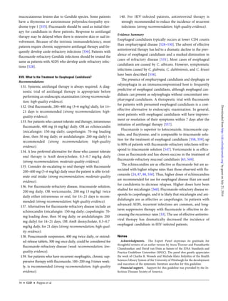 mucocutaneous lesions due to Candida species. Some patients
have a thymoma or autoimmune polyendocrinopathy syn-
drome type 1 [555]. Fluconazole should be used as initial ther-
apy for candidiasis in these patients. Response to antifungal
therapy may be delayed when there is extensive skin or nail in-
volvement. Because of the intrinsic immunodeﬁciency, most
patients require chronic suppressive antifungal therapy and fre-
quently develop azole-refractory infections [556]. Patients with
ﬂuconazole-refractory Candida infections should be treated the
same as patients with AIDS who develop azole refractory infec-
tions [528].
XVII. What Is the Treatment for Esophageal Candidiasis?
Recommendations
131. Systemic antifungal therapy is always required. A diag-
nostic trial of antifungal therapy is appropriate before
performing an endoscopic examination (strong recommenda-
tion; high-quality evidence).
132. Oral ﬂuconazole, 200–400 mg (3–6 mg/kg) daily, for 14–
21 days is recommended (strong recommendation; high-
quality evidence).
133. For patients who cannot tolerate oral therapy, intravenous
ﬂuconazole, 400 mg (6 mg/kg) daily, OR an echinocandin
(micafungin: 150 mg daily; caspofungin: 70-mg loading
dose, then 50 mg daily; or anidulafungin: 200 mg daily) is
recommended (strong recommendation; high-quality
evidence).
134. A less preferred alternative for those who cannot tolerate
oral therapy is AmB deoxycholate, 0.3–0.7 mg/kg daily
(strong recommendation; moderate-quality evidence).
135. Consider de-escalating to oral therapy with ﬂuconazole
200–400 mg (3–6 mg/kg) daily once the patient is able to tol-
erate oral intake (strong recommendation; moderate-quality
evidence).
136. For ﬂuconazole-refractory disease, itraconazole solution,
200 mg daily, OR voriconazole, 200 mg (3 mg/kg) twice
daily either intravenous or oral, for 14–21 days is recom-
mended (strong recommendation; high-quality evidence).
137. Alternatives for ﬂuconazole-refractory disease include an
echinocandin (micafungin: 150 mg daily; caspofungin: 70-
mg loading dose, then 50 mg daily; or anidulafungin: 200
mg daily) for 14–21 days, OR AmB deoxycholate, 0.3–0.7
mg/kg daily, for 21 days (strong recommendation; high-qual-
ity evidence).
138. Posaconazole suspension, 400 mg twice daily, or extend-
ed-release tablets, 300 mg once daily, could be considered for
ﬂuconazole-refractory disease (weak recommendation; low-
quality evidence).
139. For patients who have recurrent esophagitis, chronic sup-
pressive therapy with ﬂuconazole, 100–200 mg 3 times week-
ly, is recommended (strong recommendation; high-quality
evidence).
140. For HIV-infected patients, antiretroviral therapy is
strongly recommended to reduce the incidence of recurrent
infections (strong recommendation; high-quality evidence).
Evidence Summary
Esophageal candidiasis typically occurs at lower CD4 counts
than oropharyngeal disease [528–530]. The advent of effective
antiretroviral therapy has led to a dramatic decline in the prev-
alence of esophageal candidiasis and a marked diminution in
cases of refractory disease [531]. Most cases of esophageal
candidiasis are caused by C. albicans. However, symptomatic
infections caused by C. glabrata, C. dubliniensis, and C. krusei
have been described [534].
The presence of oropharyngeal candidiasis and dysphagia or
odynophagia in an immunocompromised host is frequently
predictive of esophageal candidiasis, although esophageal can-
didiasis can present as odynophagia without concomitant oro-
pharyngeal candidiasis. A therapeutic trial with ﬂuconazole
for patients with presumed esophageal candidiasis is a cost-
effective alternative to endoscopic examination. In general,
most patients with esophageal candidiasis will have improve-
ment or resolution of their symptoms within 7 days after the
initiation of antifungal therapy [557].
Fluconazole is superior to ketoconazole, itraconazole cap-
sules, and ﬂucytosine, and is comparable to itraconazole solu-
tion for the treatment of esophageal candidiasis [558, 559]; up
to 80% of patients with ﬂuconazole-refractory infections will re-
spond to itraconazole solution [547]. Voriconazole is as efﬁca-
cious as ﬂuconazole and has shown success in the treatment of
ﬂuconazole-refractory mucosal candidiasis [63, 549].
The echinocandins are as effective as ﬂuconazole but are as-
sociated with higher relapse rates than those observed with ﬂu-
conazole [24, 87, 88, 550]. Thus, higher doses of echinocandins
are recommended for use for esophageal disease than are used
for candidemia to decrease relapses. Higher doses have been
studied for micafungin [560]. Fluconazole-refractory disease re-
sponds to caspofungin, and it is likely that micafungin and ani-
dulafungin are as effective as caspofungin. In patients with
advanced AIDS, recurrent infections are common, and long-
term suppressive therapy with ﬂuconazole is effective in de-
creasing the recurrence rates [53]. The use of effective antiretro-
viral therapy has dramatically decreased the incidence of
esophageal candidiasis in HIV-infected patients.
Notes
Acknowledgments. The Expert Panel expresses its gratitude for
thoughtful reviews of an earlier version by Anna Thorner and Pranatharthi
Chandrasekar; and David van Duin as liaison of the IDSA Standards and
Practice Guidelines Committee (SPGC). The panel also greatly appreciates
the work of Charles B. Wessels and Michele Klein Fedyshin of the Health
Sciences Library System of the University of Pittsburgh for the development
and execution of the systematic literature searches for this guideline.
Financial support. Support for this guideline was provided by the In-
fectious Diseases Society of America.
38 • CID • Pappas et al
byguestonJuly23,2016http://cid.oxfordjournals.org/Downloadedfrom
 