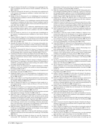 28. Pappas PG, Rotstein CM, Betts RF, et al. Micafungin versus caspofungin for treat-
ment of candidemia and other forms of invasive candidiasis. Clin Infect Dis
2007; 45:883–93.
29. Anaissie EJ, Vartivarian SE, Abi-Said D, et al. Fluconazole versus amphotericin B
in the treatment of hematogenous candidiasis: a matched cohort study. Am J
Med 1996; 101:170–6.
30. Ruhnke M, Paiva JA, Meersseman W, et al. Anidulafungin for the treatment of
candidaemia/invasive candidiasis in selected critically ill patients. Clin Microbiol
Infect 2012; 18:680–7.
31. Reboli AC, Shorr AF, Rotstein C, et al. Anidulafungin compared with ﬂuconazole
for treatment of candidemia and other forms of invasive candidiasis caused by
Candida albicans: a multivariate analysis of factors associated with improved out-
come. BMC Infect Dis 2011; 11:261.
32. Betts RF, Nucci M, Talwar D, et al. A Multicenter, double-blind trial of a high-
dose caspofungin treatment regimen versus a standard caspofungin treatment
regimen for adult patients with invasive candidiasis. Clin Infect Dis 2009;
48:1676–84.
33. Nucci M, Colombo AL, Petti M, et al. An open-label study of anidulafungin for
the treatment of candidaemia/invasive candidiasis in Latin America. Mycoses
2014; 57:12–8.
34. Vazquez J, Reboli AC, Pappas PG, et al. Evaluation of an early step-down strategy
from intravenous anidulafungin to oral azole therapy for the treatment of candi-
demia and other forms of invasive candidiasis: results from an open-label trial.
BMC Infect Dis 2014; 14:97.
35. Alexander BD, Johnson MD, Pfeiffer CD, et al. Increasing echinocandin resis-
tance in Candida glabrata: clinical failure correlates with presence of FKS muta-
tions and elevated minimum inhibitory concentrations. Clin Infect Dis 2013;
56:1724–32.
36. Lewis JS 2nd, Wiederhold NP, Wickes BL, Patterson TF, Jorgensen JH. Rapid
emergence of echinocandin resistance in Candida glabrata resulting in clinical
and microbiologic failure. Antimicrob Agents Chemother 2013; 57:4559–61.
37. Castanheira M, Woosley LN, Messer SA, Diekema DJ, Jones RN, Pfaller MA. Fre-
quency of fks mutations among Candida glabrata isolates from a 10-year global
collection of bloodstream infection isolates. Antimicrob Agents Chemother
2014; 58:577–80.
38. Lortholary O, Desnos-Ollivier M, Sitbon K, Fontanet A, Bretagne S, Dromer F.
Recent exposure to caspofungin or ﬂuconazole inﬂuences the epidemiology of
candidemia: a prospective multicenter study involving 2,441 patients. Antimi-
crob Agents Chemother 2011; 55:532–8.
39. Guyatt GH, Oxman AD, Schunemann HJ, Tugwell P, Knottnerus A. GRADE
guidelines: a new series of articles in the Journal of Clinical Epidemiology. J
Clin Epidemiol 2011; 64:380–2.
40. Girmenia C, Gentile G, Micozzi A, Martino P. Nephrotoxicity of amphotericin B
desoxycholate. Clin Infect Dis 2001; 33:915–6.
41. Wingard JR, Kubilis P, Lee L, et al. Clinical signiﬁcance of nephrotoxicity in pa-
tients treated with amphotericin B for suspected or proven aspergillosis. Clin In-
fect Dis 1999; 29:1402–7.
42. Safdar A, Ma J, Saliba F, et al. Drug-induced nephrotoxicity caused by ampho-
tericin B lipid complex and liposomal amphotericin B: a review and meta-anal-
ysis. Medicine (Baltimore) 2010; 89:236–44.
43. Walsh TJ, Hiemenz JW, Seibel NL, et al. Amphotericin B lipid complex for in-
vasive fungal infections: analysis of safety and efﬁcacy in 556 cases. Clin Infect
Dis 1998; 26:1383–96.
44. Groll AH, Giri N, Petraitis V, et al. Comparative efﬁcacy and distribution of lipid
formulations of amphotericin B in experimental Candida albicans infection of
the central nervous system. J Infect Dis 2000; 182:274–82.
45. Bates DW, Su L, Yu DT, et al. Mortality and costs of acute renal failure associated
with amphotericin B therapy. Clin Infect Dis 2001; 32:686–93.
46. Pfaller MA, Andes D, Diekema DJ, Espinel-Ingroff A, Sheehan D. Wild-type
MIC distributions, epidemiological cutoff values and species-speciﬁc clinical
breakpoints for ﬂuconazole and Candida: time for harmonization of CLSI and
EUCAST broth microdilution methods. Drug Resist Updat 2010; 13:180–95.
47. Pfaller MA, Andes D, Arendrup MC, et al. Clinical breakpoints for voriconazole
and Candida spp. revisited: review of microbiologic, molecular, pharmacody-
namic, and clinical data as they pertain to the development of species-speciﬁc
interpretive criteria. Diagn Microbiol Infect Dis 2011; 70:330–43.
48. Pfaller MA, Boyken L, Hollis RJ, et al. In vitro susceptibility of invasive isolates of
Candida spp. to anidulafungin, caspofungin, and micafungin: six years of global
surveillance. J Clin Microbiol 2008; 46:150–6.
49. Pfaller MA, Boyken L, Hollis RJ, et al. Wild-type MIC distributions and epide-
miological cutoff values for the echinocandins and Candida spp. J Clin Microbiol
2010; 48:52–6.
50. Pfaller MA, Castanheira M, Diekema DJ, Messer SA, Jones RN. Triazole and
echinocandin MIC distributions with epidemiological cutoff values for
differentiation of wild-type strains from non-wild-type strains of six uncommon
species of Candida. J Clin Microbiol 2011; 49:3800–4.
51. Pfaller MA, Castanheira M, Messer SA, Moet GJ, Jones RN. Echinocandin and tri-
azole antifungal susceptibility proﬁles for Candida spp., Cryptococcus neoformans,
and Aspergillus fumigatus: application of new CLSI clinical breakpoints and epide-
miologic cutoff values to characterize resistance in the SENTRY Antimicrobial Sur-
veillance Program (2009). Diagn Microbiol Infect Dis 2011; 69:45–50.
52. Bruggemann RJ, Alffenaar JW, Blijlevens NM, et al. Clinical relevance of the
pharmacokinetic interactions of azole antifungal drugs with other coadminis-
tered agents. Clin Infect Dis 2009; 48:1441–58.
53. Goldman M, Cloud GA, Wade KD, et al. A randomized study of the use of ﬂu-
conazole in continuous versus episodic therapy in patients with advanced HIV
infection and a history of oropharyngeal candidiasis: AIDS Clinical Trials Group
Study 323/Mycoses Study Group Study 40. Clin Infect Dis 2005; 41:1473–80.
54. Sobel JD, Kapernick PS, Zervos M, et al. Treatment of complicated Candida vag-
initis: comparison of single and sequential doses of ﬂuconazole. Am J Obstet Gy-
necol 2001; 185:363–9.
55. Zimmermann T, Yeates RA, Laufen H, Pfaff G, Wildfeuer A. Inﬂuence of con-
comitant food intake on the oral absorption of two triazole antifungal agents,
itraconazole and ﬂuconazole. Eur J Clin Pharmacol 1994; 46:147–50.
56. Thaler F, Bernard B, Tod M, et al. Fluconazole penetration in cerebral parenchy-
ma in humans at steady state. Antimicrob Agents Chemother 1995; 39:1154–6.
57. Tod M, Lortholary O, Padoin C, Chaine G. Intravitreous penetration of ﬂucon-
azole during endophthalmitis. Clin Microbiol Infect 1997; 3:379A.
58. Tucker RM, Williams PL, Arathoon EG, et al. Pharmacokinetics of ﬂuconazole in
cerebrospinal ﬂuid and serum in human coccidioidal meningitis. Antimicrob
Agents Chemother 1988; 32:369–73.
59. Dodds Ashley ES, Lewis R, Lewis JS, Martin C, Andes D. Pharmacology of sys-
temic antifungal agents. Clin Infect Dis 2006; 43:S28–39.
60. Eichel M, Just-Nubling G, Helm EB, Stille W. Itraconazole suspension in the
treatment of HIV-infected patients with ﬂuconazole-resistant oropharyngeal
candidiasis and esophagitis [in German]. Mycoses 1996; 39(suppl 1):102–6.
61. Lange D, Pavao JH, Wu J, Klausner M. Effect of a cola beverage on the bioavail-
ability of itraconazole in the presence of H2 blockers. J Clin Pharmacol 1997;
37:535–40.
62. Van Peer A, Woestenborghs R, Heykants J, Gasparini R, Gauwenbergh G. The
effects of food and dose on the oral systemic availability of itraconazole in healthy
subjects. Eur J Clin Pharmacol 1989; 36:423–6.
63. Ally R, Schurmann D, Kreisel W, et al. A randomized, double-blind, double-
dummy, multicenter trial of voriconazole and ﬂuconazole in the treatment of
esophageal candidiasis in immunocompromised patients. Clin Infect Dis 2001;
33:1447–54.
64. Kethireddy S, Andes D. CNS pharmacokinetics of antifungal agents. Expert Opin
Drug Metab Toxicol 2007; 3:573–81.
65. Purkins L, Wood N, Greenhalgh K, Eve MD, Oliver SD, Nichols D. The pharma-
cokinetics and safety of intravenous voriconazole—a novel wide-spectrum anti-
fungal agent. Br J Clin Pharmacol 2003; 56(suppl 1):2–9.
66. Schwartz S, Ruhnke M, Ribaud P, et al. Improved outcome in central nervous
system aspergillosis, using voriconazole treatment. Blood 2005; 106:2641–5.
67. Purkins L, Wood N, Kleinermans D, Nichols D. Histamine H2-receptor antago-
nists have no clinically signiﬁcant effect on the steady-state pharmacokinetics of
voriconazole. Br J Clin Pharmacol 2003; 56(suppl 1):51–5.
68. Purkins L, Wood N, Kleinermans D, Greenhalgh K, Nichols D. Effect of food on
the pharmacokinetics of multiple-dose oral voriconazole. Br J Clin Pharmacol
2003; 56(suppl 1):17–23.
69. Neofytos D, Lombardi LR, Shields RK, et al. Administration of voriconazole in
patients with renal dysfunction. Clin Infect Dis 2012; 54:913–21.
70. Oude Lashof AM, Sobel JD, Ruhnke M, et al. Safety and tolerability of voricona-
zole in patients with baseline renal insufﬁciency and candidemia. Antimicrob
Agents Chemother 2012; 56:3133–7.
71. Alffenaar JW, de Vos T, Uges DR, Daenen SM. High voriconazole trough levels in
relation to hepatic function: how to adjust the dosage? Br J Clin Pharmacol 2009;
67:262–3.
72. Ikeda Y, Umemura K, Kondo K, Sekiguchi K, Miyoshi S, Nakashima M. Pharma-
cokinetics of voriconazole and cytochrome P450 2C19 genetic status. Clin Phar-
macol Ther 2004; 75:587–8.
73. Eiden C, Peyriere H, Cociglio M, et al. Adverse effects of voriconazole: analysis of
the French Pharmacovigilance Database. Ann Pharmacother 2007; 41:755–63.
74. Hoffman HL, Rathbun RC. Review of the safety and efﬁcacy of voriconazole. Ex-
pert Opin Investig Drugs 2002; 11:409–29.
75. Malani AN, Kerr LE, Kauffman CA. Voriconazole: how to use this antifungal
agent and what to expect. Semin Respir Crit Care Med 2015; 36:786–95.
76. Pfaller MA, Messer SA, Boyken L, et al. In vitro activities of voriconazole, pos-
aconazole, and ﬂuconazole against 4,169 clinical isolates of Candida spp. and
40 • CID • Pappas et al
byguestonJuly23,2016http://cid.oxfordjournals.org/Downloadedfrom
 