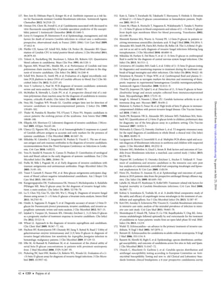 127. Ben-Ami R, Olshtain-Pops K, Krieger M, et al. Antibiotic exposure as a risk fac-
tor for ﬂuconazole-resistant Candida bloodstream infection. Antimicrob Agents
Chemother 2012; 56:2518–23.
128. Oxman DA, Chow JK, Frendl G, et al. Candidaemia associated with decreased in
vitro ﬂuconazole susceptibility: is Candida speciation predictive of the suscepti-
bility pattern? J Antimicrob Chemother 2010; 65:1460–5.
129. Leroy O, Gangneux JP, Montravers P, et al. Epidemiology, management, and risk
factors for death of invasive Candida infections in critical care: a multicenter,
prospective, observational study in France (2005–2006). Crit Care Med 2009;
37:1612–8.
130. Pfeiffer CD, Samsa GP, Schell WA, Reller LB, Perfect JR, Alexander BD. Quan-
titation of Candida CFU in initial positive blood cultures. J Clin Microbiol 2011;
49:2879–83.
131. Telenti A, Steckelberg JM, Stockman L, Edson RS, Roberts GD. Quantitative
blood cultures in candidemia. Mayo Clin Proc 1991; 66:1120–3.
132. Nguyen MH, Wissel MC, Shields RK, et al. Performance of Candida real-time
polymerase chain reaction, beta-D-glucan assay, and blood cultures in the diag-
nosis of invasive candidiasis. Clin Infect Dis 2012; 54:1240–8.
133. Schell WA, Benton JL, Smith PB, et al. Evaluation of a digital microﬂuidic real-
time PCR platform to detect DNA of Candida albicans in blood. Eur J Clin Mi-
crobiol Infect Dis 2012; 31:2237–45.
134. Avni T, Leibovici L, Paul M. PCR diagnosis of invasive candidiasis: systematic
review and meta-analysis. J Clin Microbiol 2011; 49:665–70.
135. McMullan R, Metwally L, Coyle PV, et al. A prospective clinical trial of a real-
time polymerase chain reaction assay for the diagnosis of candidemia in nonneu-
tropenic, critically ill adults. Clin Infect Dis 2008; 46:890–6.
136. Ness MJ, Vaughan WP, Woods GL. Candida antigen latex test for detection of
invasive candidiasis in immunocompromised patients. J Infect Dis 1989;
159:495–502.
137. Thaler M, Pastakia B, Shawker TH, O’Leary T, Pizzo PA. Hepatic candidiasis in
cancer patients: the evolving picture of the syndrome. Ann Intern Med 1988;
108:88–100.
138. Ellepola AN, Morrison CJ. Laboratory diagnosis of invasive candidiasis. J Micro-
biol 2005; 43(Spec No):65–84.
139. Clancy CJ, Nguyen ML, Cheng S, et al. Immunoglobulin G responses to a panel
of Candida albicans antigens as accurate and early markers for the presence of
systemic candidiasis. J Clin Microbiol 2008; 46:1647–54.
140. Mikulska M, Calandra T, Sanguinetti M, Poulain D, Viscoli C. The use of man-
nan antigen and anti-mannan antibodies in the diagnosis of invasive candidiasis:
recommendations from the Third European Conference on Infections in Leuke-
mia. Crit Care 2010; 14:R222.
141. Yera H, Sendid B, Francois N, Camus D, Poulain D. Contribution of serological
tests and blood culture to the early diagnosis of systemic candidiasis. Eur J Clin
Microbiol Infect Dis 2001; 20:864–70.
142. Prella M, Bille J, Pugnale M, et al. Early diagnosis of invasive candidiasis with
mannan antigenemia and antimannan antibodies. Diagn Microbiol Infect Dis
2005; 51:95–101.
143. Tissot F, Lamoth F, Hauser PM, et al. Beta-glucan antigenemia anticipates diag-
nosis of blood culture-negative intraabdominal candidiasis. Am J Respir Crit
Care Med 2013; 188:1100–9.
144. Karageorgopoulos DE, Vouloumanou EK, Ntziora F, Michalopoulos A, Rafailidis
PIFalagas ME. Beta-D-glucan assay for the diagnosis of invasive fungal infec-
tions: a meta-analysis. Clin Infect Dis 2011; 52:750–70.
145. Lu Y, Chen YQ, Guo YL, Qin SM, Wu C, Wang K. Diagnosis of invasive fungal
disease using serum (1–>3)-beta-D-glucan: a bivariate meta-analysis. Intern Med
2011; 50:2783–91.
146. Onishi A, Sugiyama D, Kogata Y, et al. Diagnostic accuracy of serum 1,3-beta-D-
glucan for Pneumocystis jiroveci pneumonia, invasive candidiasis, and invasive as-
pergillosis: systematic review and meta-analysis. J Clin Microbiol 2012; 50:7–15.
147. Jaijakul S, Vazquez JA, Swanson RN, Ostrosky-Zeichner L. (1,3)-beta-D-glucan
as a prognostic marker of treatment response in invasive candidiasis. Clin Infect
Dis 2012; 55:521–6.
148. Wheat LJ. Approach to the diagnosis of invasive aspergillosis and candidiasis.
Clin Chest Med 2009; 30:367–77, viii.
149. Hachem RY, Kontoyiannis DP, Chemaly RF, Jiang Y, Reitzel R, Raad I. Utility of
galactomannan enzyme immunoassay and (1,3) beta-D-glucan in diagnosis of
invasive fungal infections: low sensitivity for Aspergillus fumigatus infection in
hematologic malignancy patients. J Clin Microbiol 2009; 47:129–33.
150. Ellis M, Al-Ramadi B, Finkelman M, et al. Assessment of the clinical utility of
serial beta-D-glucan concentrations in patients with persistent neutropenic
fever. J Med Microbiol 2008; 57(Pt 3):287–95.
151. Pickering JW, Sant HW, Bowles CA, Roberts WL, Woods GL. Evaluation of a (1-
>3)-beta-D-glucan assay for diagnosis of invasive fungal infections. J Clin Micro-
biol 2005; 43:5957–62.
152. Kato A, Takita T, Furuhashi M, Takahashi T, Maruyama Y, Hishida A. Elevation
of blood (1–>3)-beta-D-glucan concentrations in hemodialysis patients. Neph-
ron 2001; 89:15–9.
153. Usami M, Ohata A, Horiuchi T, Nagasawa K, Wakabayashi T, Tanaka S. Positive
(1–>3)-beta-D-glucan in blood components and release of (1–>3)-beta-D-glucan
from depth-type membrane ﬁlters for blood processing. Transfusion 2002;
42:1189–95.
154. Mennink-Kersten MA, Warris A, Verweij PE. 1,3-beta-D-glucan in patients re-
ceiving intravenous amoxicillin-clavulanic acid. N Engl J Med 2006; 354:2834–5.
155. Alexander BD, Smith PB, Davis RD, Perfect JR, Reller LB. The (1,3){beta}-D-glu-
can test as an aid to early diagnosis of invasive fungal infections following lung
transplantation. J Clin Microbiol 2010; 48:4083–8.
156. Mikulska M, Furfaro E, Del Bono V, et al. (1–3)-beta-D-glucan in cerebrospinal
ﬂuid is useful for the diagnosis of central nervous system fungal infections. Clin
Infect Dis 2013; 56:1511–2.
157. Litvintseva AP, Lindsley MD, Gade L, et al. Utility of (1–3)-beta-D-glucan testing
for diagnostics and monitoring response to treatment during the multistate out-
break of fungal meningitis and other infections. Clin Infect Dis 2014; 58:622–30.
158. Petraitiene R, Petraitis V, Hope WW, et al. Cerebrospinal ﬂuid and plasma (1–
>3)-beta-D-glucan as surrogate markers for detection and monitoring of thera-
peutic response in experimental hematogenous Candida meningoencephalitis.
Antimicrob Agents Chemother 2008; 52:4121–9.
159. Theel ES, Jespersen DJ, Iqbal S, et al. Detection of (1, 3)-beta-D-glucan in bron-
choalveolar lavage and serum samples collected from immunocompromised
hosts. Mycopathologia 2013; 175:33–41.
160. Jeragh A, Ahmad S, Naseem J, Khan ZU. Candida lusitaniae arthritis in an in-
travenous drug user. Mycoses 2007; 50:430–2.
161. Mularoni A, Furfaro E, Faraci M, et al. High levels of beta-D-glucan in immuno-
compromised children with proven invasive fungal disease. Clin Vaccine Immu-
nol 2010; 17:882–3.
162. Smith PB, Benjamin DK Jr, Alexander BD, Johnson MD, Finkelman MA, Stein-
bach WJ. Quantiﬁcation of 1,3-beta-D-glucan levels in children: preliminary data
for diagnostic use of the beta-glucan assay in a pediatric setting. Clin Vaccine
Immunol 2007; 14:924–5.
163. Mylonakis E, Clancy CJ, Ostrosky-Zeichner L, et al. T2 magnetic resonance assay
for the rapid diagnosis of candidemia in whole blood: a clinical trial. Clin Infect
Dis 2015; 60:892–9.
164. Lucignano B, Ranno S, Liesenfeld O, et al. Multiplex PCR allows rapid and accu-
rate diagnosis of bloodstream infections in newborns and children with suspected
sepsis. J Clin Microbiol 2011; 49:2252–8.
165. Schuster MG, Meibohm A, Lloyd L, Strom B. Risk factors and outcomes of Can-
dida krusei bloodstream infection: a matched, case-control study. J Infect 2013;
66:278–84.
166. Dupont BF, Lortholary O, Ostrosky-Zeichner L, Stucker F, Yeldandi V. Treat-
ment of candidemia and invasive candidiasis in the intensive care unit: post
hoc analysis of a randomized, controlled trial comparing micafungin and liposo-
mal amphotericin B. Crit Care 2009; 13:R159.
167. Horn DL, Neofytos D, Anaissie EJ, et al. Epidemiology and outcomes of candi-
demia in 2019 patients: data from the prospective antifungal therapy alliance reg-
istry. Clin Infect Dis 2009; 48:1695–703.
168. Labelle AJ, Micek ST, Roubinian N, Kollef MH. Treatment-related risk factors for
hospital mortality in Candida bloodstream infections. Crit Care Med 2008;
36:2967–72.
169. Kohno S, Izumikawa K, Yoshida M, et al. A double-blind comparative study of
the safety and efﬁcacy of caspofungin versus micafungin in the treatment of can-
didiasis and aspergillosis. Eur J Clin Microbiol Infect Dis 2013; 32:387–97.
170. Kett DH, Azoulay E, Echeverria PM, Vincent JL. Candida bloodstream infections
in intensive care units: analysis of the extended prevalence of infection in inten-
sive care unit study. Crit Care Med 2011; 39:665–70.
171. Mootsikapun P, Hsueh PR, Talwar D, Co VM, Rajadhyaksha V, Ong ML. Intra-
venous anidulafungin followed optionally by oral voriconazole for the treatment
of candidemia in Asian patients: results from an open-label phase III trial. BMC
Infect Dis 2013; 13:219.
172. Walsh TJ. Echinocandins—an advance in the primary treatment of invasive can-
didiasis. N Engl J Med 2002; 347:2070–2.
173. Bennett JE. Echinocandins for candidemia in adults without neutropenia. N Engl
J Med 2006; 355:1154–9.
174. Bassetti M, Merelli M, Righi E, et al. Epidemiology, species distribution, antifun-
gal susceptibility, and outcome of candidemia across ﬁve sites in Italy and Spain.
J Clin Microbiol 2013; 51:4167–72.
175. Orasch C, Marchetti O, Garbino J, et al. Candida species distribution and
antifungal susceptibility testing according to European Committee on Anti-
microbial Susceptibility Testing and new vs. old Clinical and Laboratory Stan-
dards Institute clinical breakpoints: a 6-year prospective candidaemia survey
42 • CID • Pappas et al
byguestonJuly23,2016http://cid.oxfordjournals.org/Downloadedfrom
 