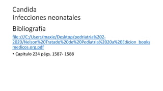 Candida
Infecciones neonatales
Bibliografía
file:///C:/Users/maxie/Desktop/pedriatria%202-
2020/Nelson%20Tratado%20de%20Pediatria%2020a%20Edicion_books
medicos.org.pdf
• Capitulo 234 págs. 1587- 1588
 