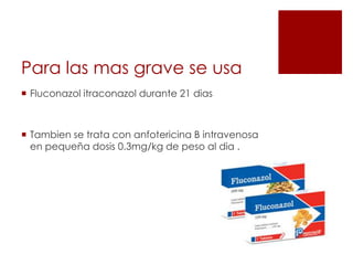 Para las mas grave se usa
 Fluconazol itraconazol durante 21 dias
 Tambien se trata con anfotericina B intravenosa
en pequeña dosis 0.3mg/kg de peso al dia .
 