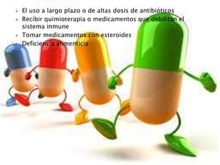  El uso a largo plazo o de altas dosis de antibióticos
 Recibir quimioterapia o medicamentos que debilitan el
sistema inmune
 Tomar medicamentos con esteroides
 Deficiencia alimenticia
 