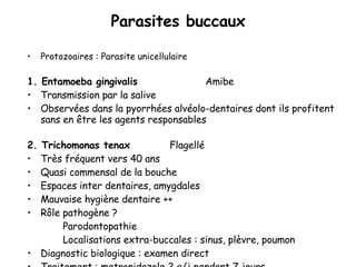 Parasites buccaux Protozoaires : Parasite unicellulaire 1. Entamoeba gingivalis Amibe  Transmission par la salive Observées dans la pyorrhées alvéolo-dentaires dont ils profitent sans en être les agents responsables 2. Trichomonas tenax Flagellé Très fréquent vers 40 ans  Quasi commensal de la bouche Espaces inter dentaires, amygdales Mauvaise hygiène dentaire ++ Rôle pathogène ? Parodontopathie Localisations extra-buccales : sinus, plèvre, poumon Diagnostic biologique : examen direct Traitement : metronidazole 2 g/j pendant 7 jours Prophylaxie : hygiène buccale 