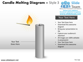 Candle Melting Diagram – Style 3


                                  Your Text Here
                              •   Your Text Goes here
                              •   Download this awesome
                                  diagram
                              •   Bring your presentation to
                                  life
                              •   Capture your audience’s
                                  attention
                              •   All images are 100% editable
                                  in powerpoint
         Your Text            •   Your Text Goes here
         Goes Here            •   Download this awesome
                                  diagram




www.slideteam.net                                      Your Logo
 