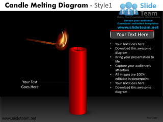 Candle Melting Diagram - Style1


                                   Your Text Here
                               •   Your Text Goes here
                               •   Download this awesome
                                   diagram
                               •   Bring your presentation to
                                   life
                               •   Capture your audience’s
                                   attention
                               •   All images are 100%
                                   editable in powerpoint
         Your Text             •   Your Text Goes here
         Goes Here             •   Download this awesome
                                   diagram




www.slideteam.net                                      Your Logo
 