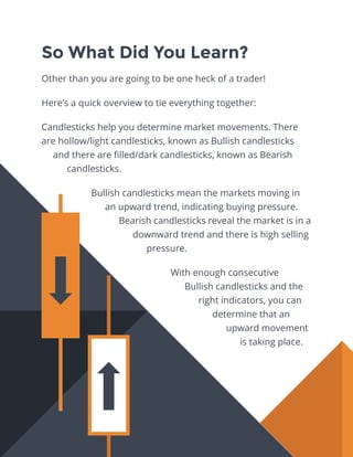 So What Did You Learn?
Other than you are going to be one heck of a trader!
Here’s a quick overview to tie everything together:
Candlesticks help you determine market movements. There
are hollow/light candlesticks, known as Bullish candlesticks
and there are filled/dark candlesticks, known as Bearish
candlesticks.
Bullish candlesticks mean the markets moving in
an upward trend, indicating buying pressure.
Bearish candlesticks reveal the market is in a
downward trend and there is high selling
pressure.
With enough consecutive
Bullish candlesticks and the
right indicators, you can
determine that an
upward movement
is taking place.
 