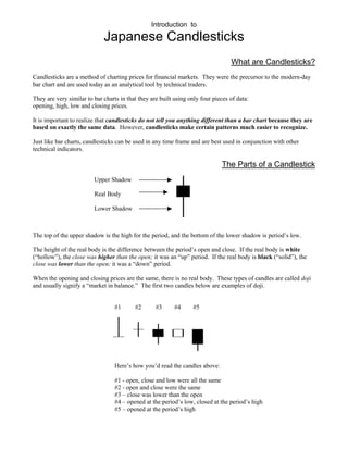 Introduction to

                             Japanese Candlesticks
                                                                                  What are Candlesticks?
Candlesticks are a method of charting prices for financial markets. They were the precursor to the modern-day
bar chart and are used today as an analytical tool by technical traders.

They are very similar to bar charts in that they are built using only four pieces of data:
opening, high, low and closing prices.

It is important to realize that candlesticks do not tell you anything different than a bar chart because they are
based on exactly the same data. However, candlesticks make certain patterns much easier to recognize.

Just like bar charts, candlesticks can be used in any time frame and are best used in conjunction with other
technical indicators.

                                                                              The Parts of a Candlestick
                         Upper Shadow

                         Real Body

                         Lower Shadow



The top of the upper shadow is the high for the period, and the bottom of the lower shadow is period’s low.

The height of the real body is the difference between the period’s open and close. If the real body is white
(“hollow”), the close was higher than the open; it was an “up” period. If the real body is black (“solid”), the
close was lower than the open; it was a “down” period.

When the opening and closing prices are the same, there is no real body. These types of candles are called doji
and usually signify a “market in balance.” The first two candles below are examples of doji.


                                  #1      #2       #3      #4     #5




                                  Here’s how you’d read the candles above:

                                  #1 - open, close and low were all the same
                                  #2 - open and close were the same
                                  #3 – close was lower than the open
                                  #4 – opened at the period’s low, closed at the period’s high
                                  #5 – opened at the period’s high
 