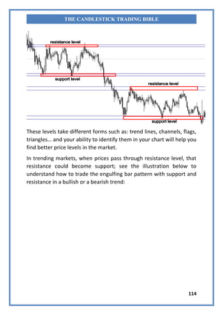 114
THE CANDLESTICK TRADING BIBLE
These levels take different forms such as: trend lines, channels, flags,
triangles… and ...