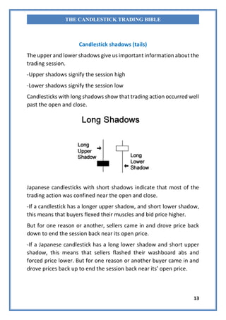 13
THE CANDLESTICK TRADING BIBLE
Candlestick shadows (tails)
The upper and lower shadows give us important information about the
trading session.
-Upper shadows signify the session high
-Lower shadows signify the session low
Candlesticks with long shadows show that trading action occurred well
past the open and close.
Japanese candlesticks with short shadows indicate that most of the
trading action was confined near the open and close.
-If a candlestick has a longer upper shadow, and short lower shadow,
this means that buyers flexed their muscles and bid price higher.
But for one reason or another, sellers came in and drove price back
down to end the session back near its open price.
-If a Japanese candlestick has a long lower shadow and short upper
shadow, this means that sellers flashed their washboard abs and
forced price lower. But for one reason or another buyer came in and
drove prices back up to end the session back near its’ open price.
 