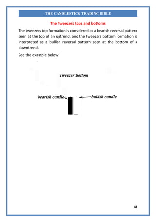 43
THE CANDLESTICK TRADING BIBLE
The Tweezers tops and bottoms
The tweezers top formation is considered as a bearish rever...