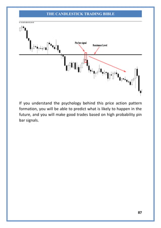 87
THE CANDLESTICK TRADING BIBLE
If you understand the psychology behind this price action pattern
formation, you will be able to predict what is likely to happen in the
future, and you will make good trades based on high probability pin
bar signals.
 