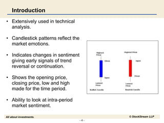 - 4 -
All about investments. © StockStream LLP
Introduction
• Extensively used in technical
analysis.
• Candlestick patterns reflect the
market emotions.
• Indicates changes in sentiment
giving early signals of trend
reversal or continuation.
• Shows the opening price,
closing price, low and high
made for the time period.
• Ability to look at intra-period
market sentiment.
 