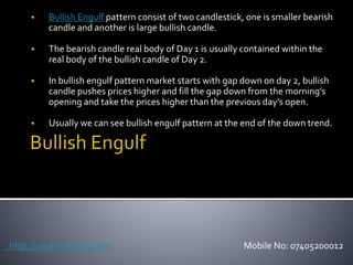 Bullish Engulf pattern consist of two candlestick, one is smaller bearish
candle and another is large bullish candle.
 The bearish candle real body of Day 1 is usually contained within the
real body of the bullish candle of Day 2.
 In bullish engulf pattern market starts with gap down on day 2, bullish
candle pushes prices higher and fill the gap down from the morning’s
opening and take the prices higher than the previous day’s open.
 Usually we can see bullish engulf pattern at the end of the down trend.
http://www.nsedata.com Mobile No: 07405200012
 