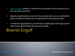 Bearish engulf pattern is bearish reversal pattern and usually occur at
the top of the up trend.
 Bearish engulf pattern consist of two candle sticks one is small bullish
green colored and other one is large bearish red colored candle.
 In bearish engulf pattern, second day’s candle opens with gap up and
takes prices down below the previous candle.
http://www.nsedata.com Mobile No: 07405200012
 
