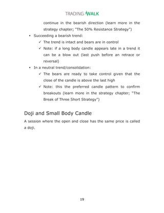 19
continue in the bearish direction (learn more in the
strategy chapter; “The 50% Resistance Strategy”)
• Succeeding a bearish trend:
ü The trend is intact and bears are in control
ü Note: if a long body candle appears late in a trend it
can be a blow out (last push before an retrace or
reversal)
• In a neutral trend/consolidation:
ü The bears are ready to take control given that the
close of the candle is above the last high
ü Note: this the preferred candle pattern to confirm
breakouts (learn more in the strategy chapter; “The
Break of Three Short Strategy”)
Doji and Small Body Candle
A session where the open and close has the same price is called
a doji.
 