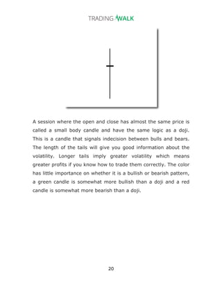 20
A session where the open and close has almost the same price is
called a small body candle and have the same logic as a doji.
This is a candle that signals indecision between bulls and bears.
The length of the tails will give you good information about the
volatility. Longer tails imply greater volatility which means
greater profits if you know how to trade them correctly. The color
has little importance on whether it is a bullish or bearish pattern,
a green candle is somewhat more bullish than a doji and a red
candle is somewhat more bearish than a doji.
 