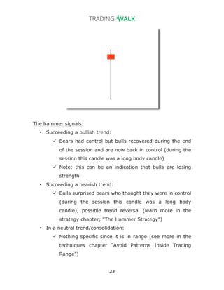 23
The hammer signals:
• Succeeding a bullish trend:
ü Bears had control but bulls recovered during the end
of the session and are now back in control (during the
session this candle was a long body candle)
ü Note: this can be an indication that bulls are losing
strength
• Succeeding a bearish trend:
ü Bulls surprised bears who thought they were in control
(during the session this candle was a long body
candle), possible trend reversal (learn more in the
strategy chapter; “The Hammer Strategy”)
• In a neutral trend/consolidation:
ü Nothing specific since it is in range (see more in the
techniques chapter “Avoid Patterns Inside Trading
Range”)
 