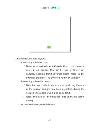 24
The inverted hammer signals:
• Succeeding a bullish trend:
ü Bears surprised bulls who thought they were in control
(during the session this candle was a long body
candle), possible trend reversal (learn more in the
strategy chapter; “The Inverted Hammer Strategy”)
• Succeeding a bearish trend:
ü Bulls had control but bears recovered during the end
of the session and are now back in control (during the
session this candle was a long body candle)
ü Note: this can be an indication that bears are losing
strength
• In a neutral trend/consolidation:
 