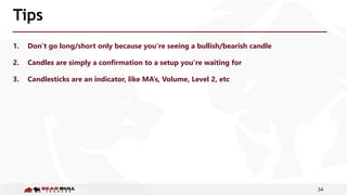 34
Tips
1. Don’t go long/short only because you’re seeing a bullish/bearish candle
2. Candles are simply a confirmation to a setup you’re waiting for
3. Candlesticks are an indicator, like MA’s, Volume, Level 2, etc
 