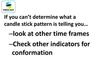 If you can’t determine what a
candle stick pattern is telling you…
–look at other time frames
–Check other indicators for
conformation
 