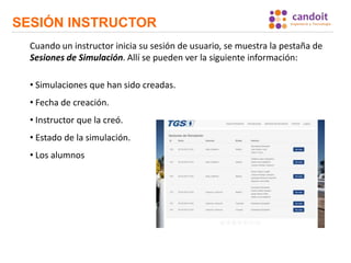 SESIÓN INSTRUCTOR
Cuando un instructor inicia su sesión de usuario, se muestra la pestaña de
Sesiones de Simulación. Allí se pueden ver la siguiente información:
• Simulaciones que han sido creadas.
• Fecha de creación.
• Instructor que la creó.
• Estado de la simulación.
• Los alumnos
 